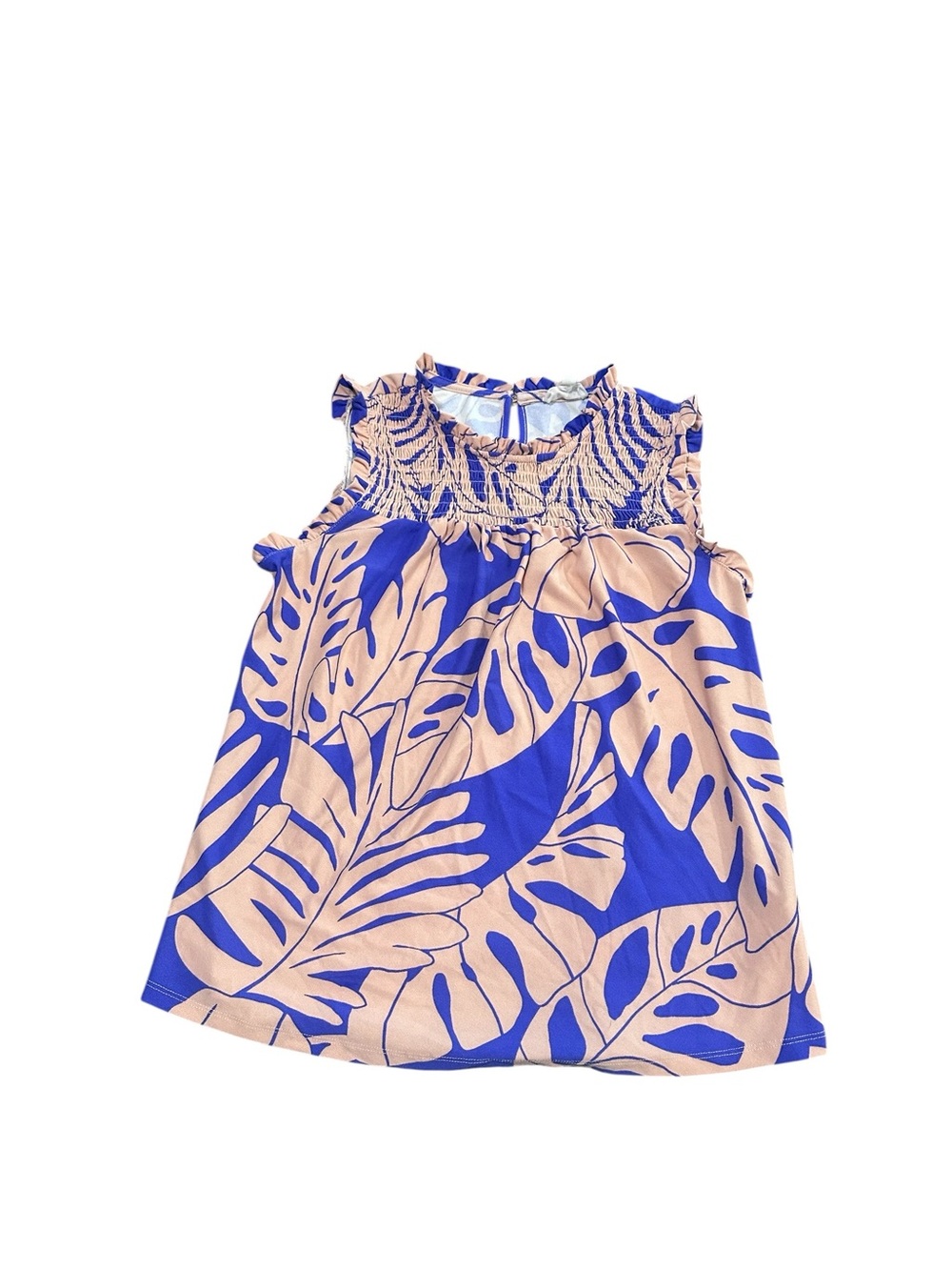Rio & Rian Tropical Leaf Print Smocked Ruffle Blouse Medium